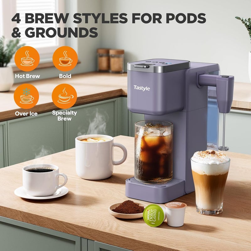 Tastyle Single Serve Coffee Maker with Built-in Detachable Milk Frother, Iced and Hot Coffee Machine for K Cup & Grounds, 40oz Removable Water Reservoir, 6 Cup Sizes, Fits 7.3" Travel Mug, Purple - Image 3
